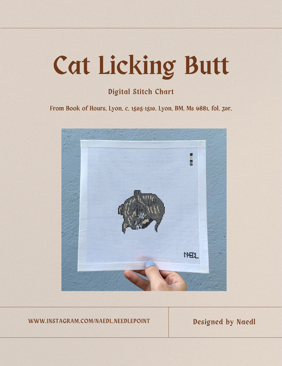 Cat Licking Butt - Medieval Marginalia Stitch Chart